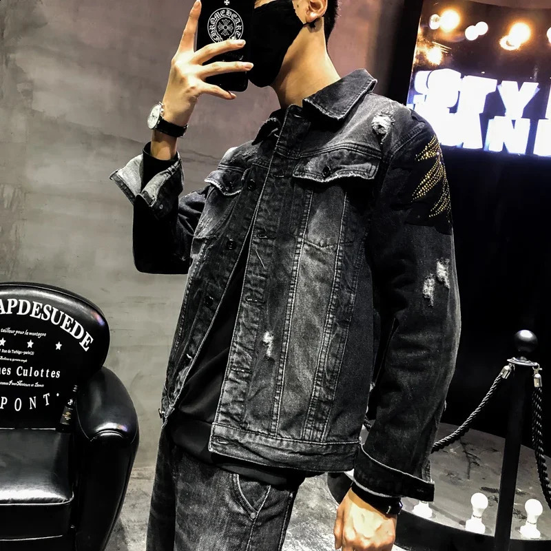YASUGUOJI Punk Style Fashion Eagle Embroidered Patch Jean Jacket Men Denim Jackets Streetwear Slim Black Jacket Men 240824