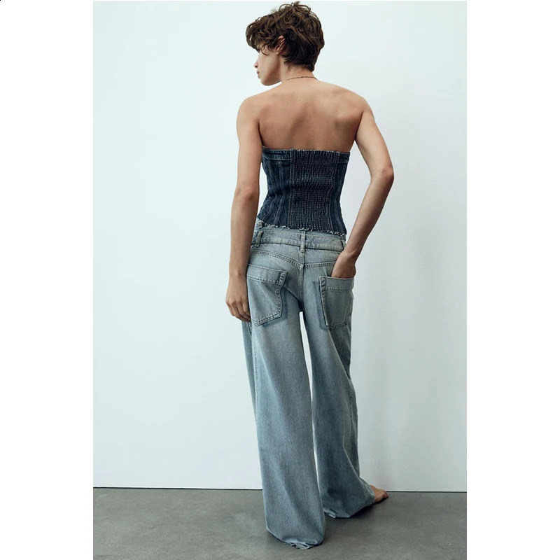 High waisted retro blue womens jeans with spliced work wide leg pants casual bag from culture denim 240823