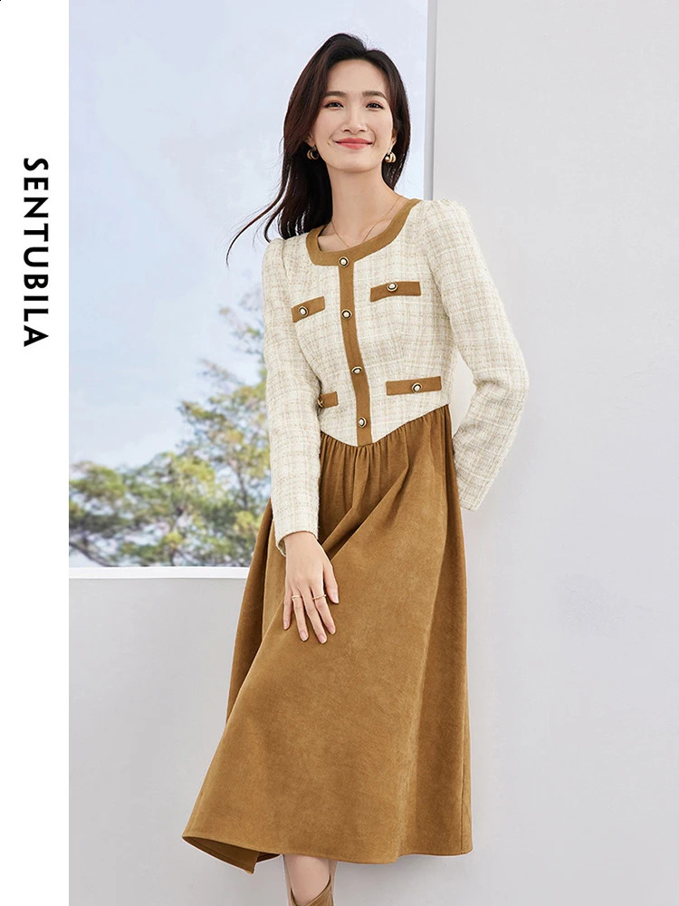 SENTUBILA Contrast Square Collar Straight Midi Dresses Spring Woman Elegant Long Sleeve Tweed Dress Clothes 134L52473 240824