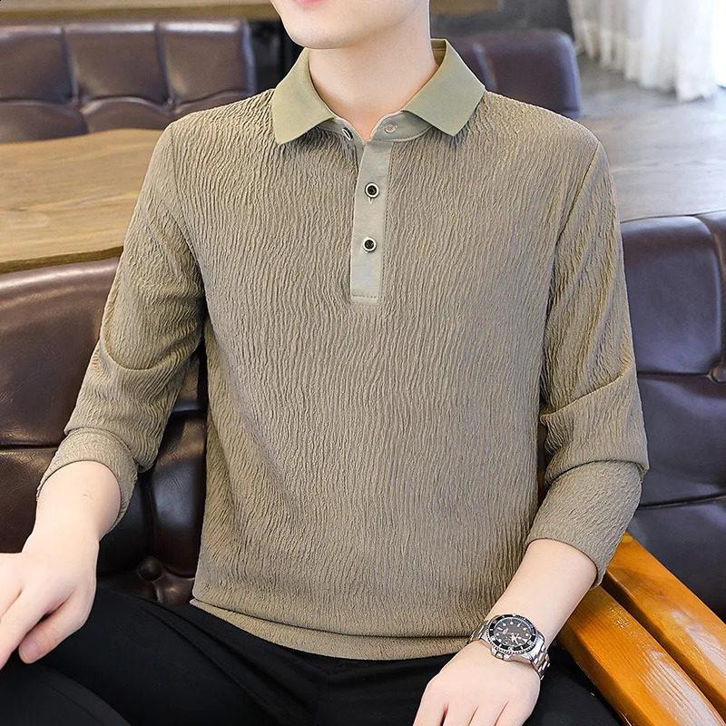 Mens Long Sleeve Polo Shirt Casual T-shirt Spring Autumn Loose Polo Collar Mens Wear Plus Size Crumpled Pleated Shirts 3xl 4xl 240824