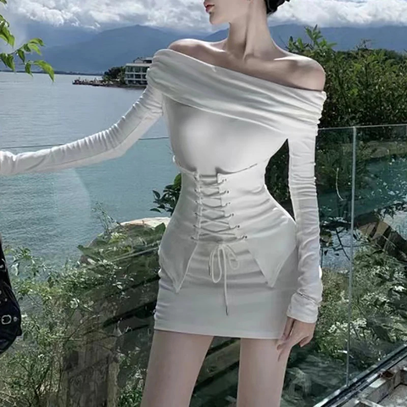 Womens Clothing Fall Off Shoulder Long Sleeve Strap Short Spice Club Party Dress White Color 240823