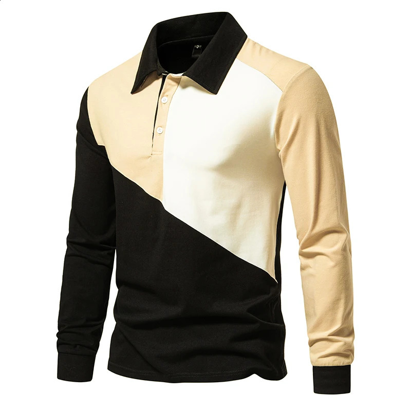 Polo Shirt Mens Fashion Business British Style Casual Slim Trend Solid Color Patchwork Color Lapel Long-sleeved POLO T-shirt 240824