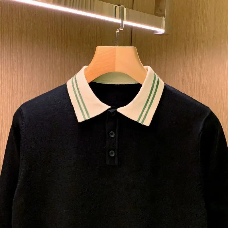 Korean Fashion Men Polo Shirts Long Sleeve Knitted Turn-down Collar T-shirts Patchwork Slim Casual Tops 240824
