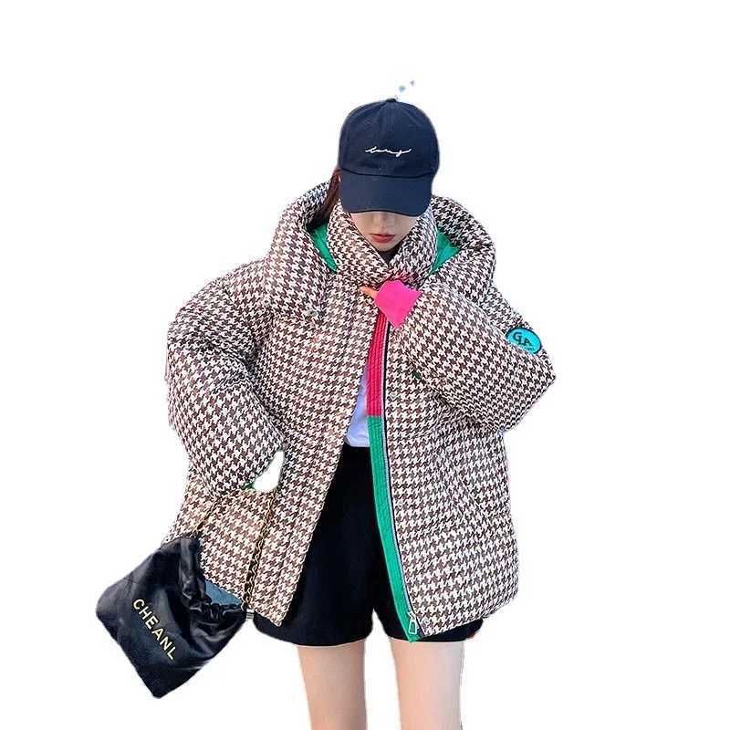 Womens Down Parkas Womens winter checkered jacket thick cotton pad Parka fashionable hooded oversized loose Fr washed Parkas womens inflatable jacke Y