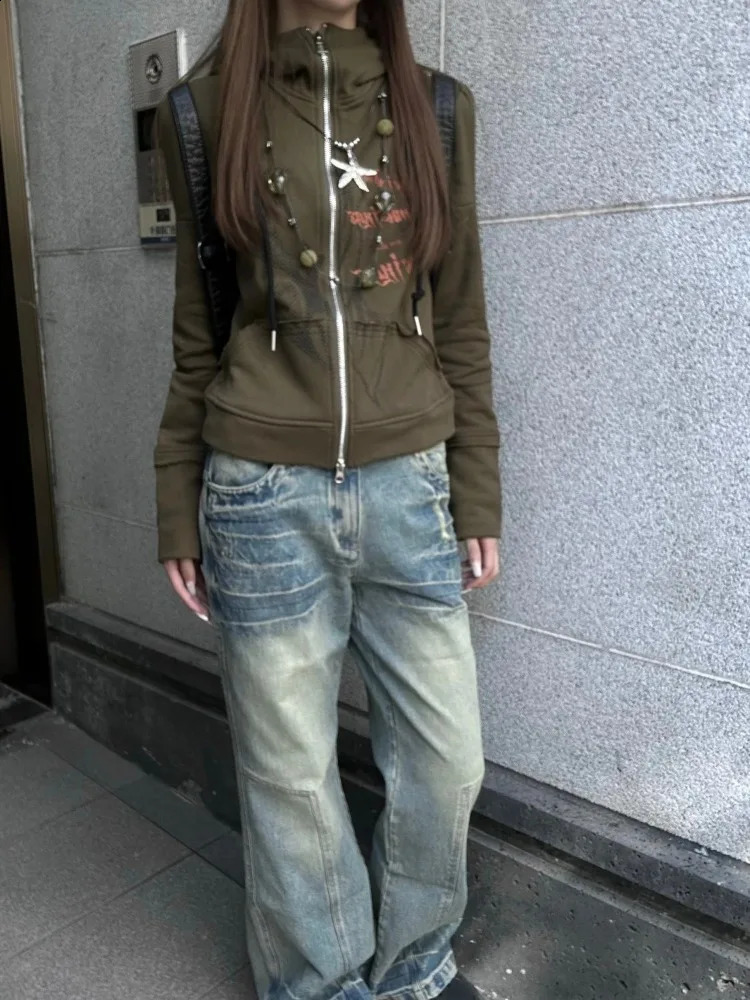 Olive Green Letter Print Hoodies Casual Streetwear Double Zippers Grunge Coats Vintage Y2k Aesthetic Women Loose Sweatshirts 240824