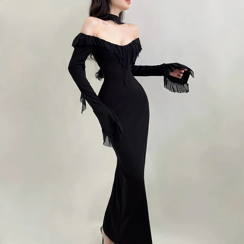 Xeemilo Black Mesh Ruffles Evening Dress Temperament Round Collar Slim Long Sleeve Maxi Dresses Women Elegant Party Club Robe 240823