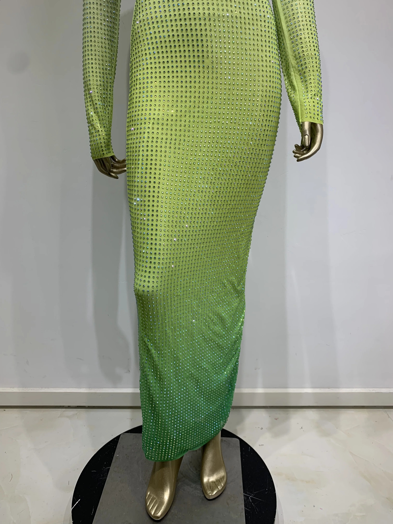 Women Sexy Mesh Rhinestone Crystal Diamonds Stretched Gradient Cut Out Ankle Length Long Party Dress Vestido 240823
