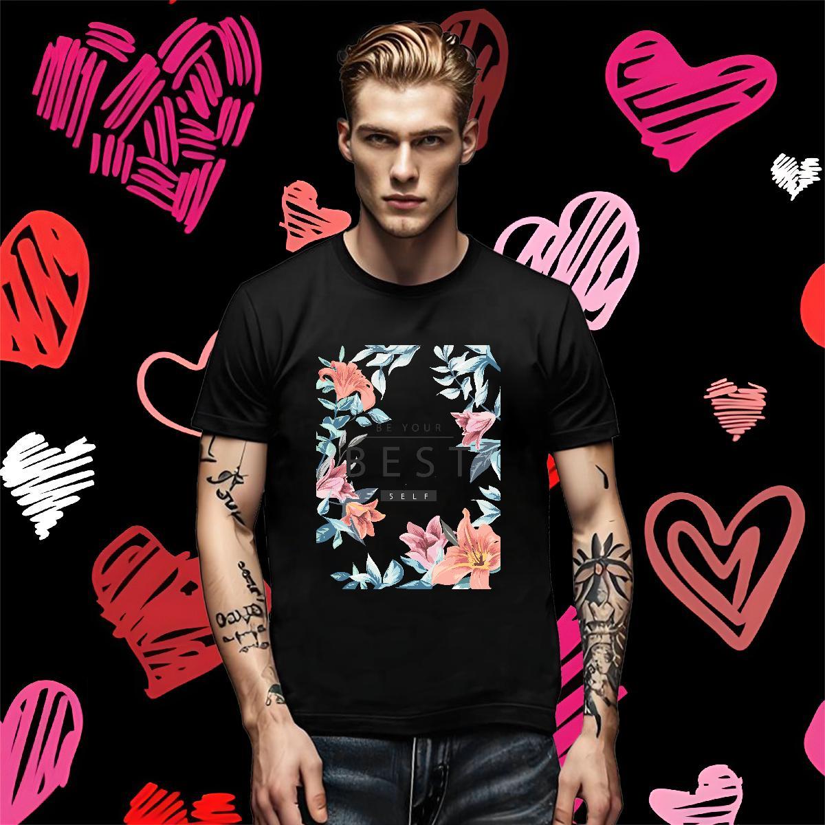 2024 Summer Men Clothes T-Shirt flower Casual 230g Cotton Tops Breathable Short Sleeve Brand Mens T Shirts Black White
