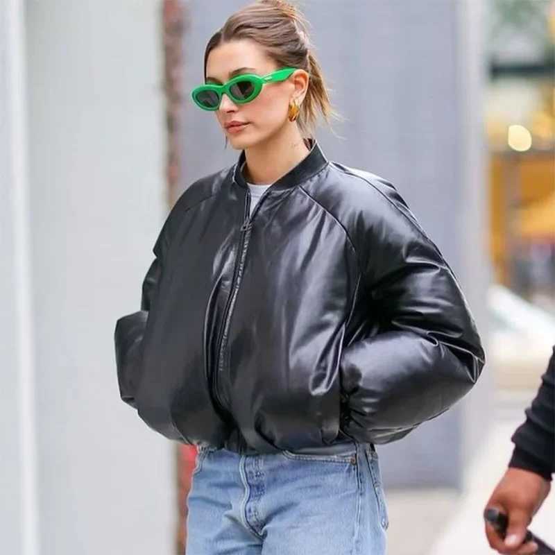 Women's Down Parkas Retro Women PU Leather Puffer Jackets Elastic Waist Warm Thick Bubble Coats Leather Puff Jacket Parkas Zipper Parkas Down Win
