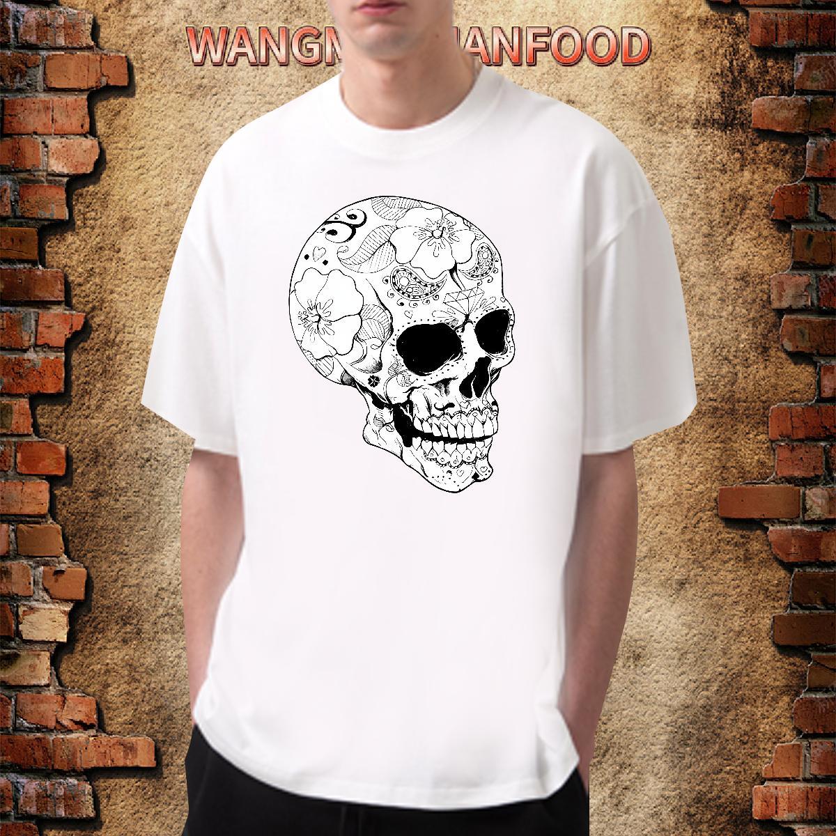 Wholesale T Shirts Men 230g 100% Cotton skull Street Casual White Plus Size Breathable Men Tops Tees Fashion Design Clothes