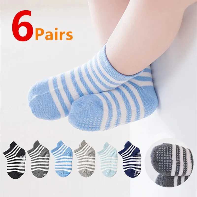 6Pairs/Lot Cotton Kids Anti-Slip Boat Socks Casual Baby Boys Girls Sock Floor Children Socken With Rubber Grips For 0-5Years CL240824