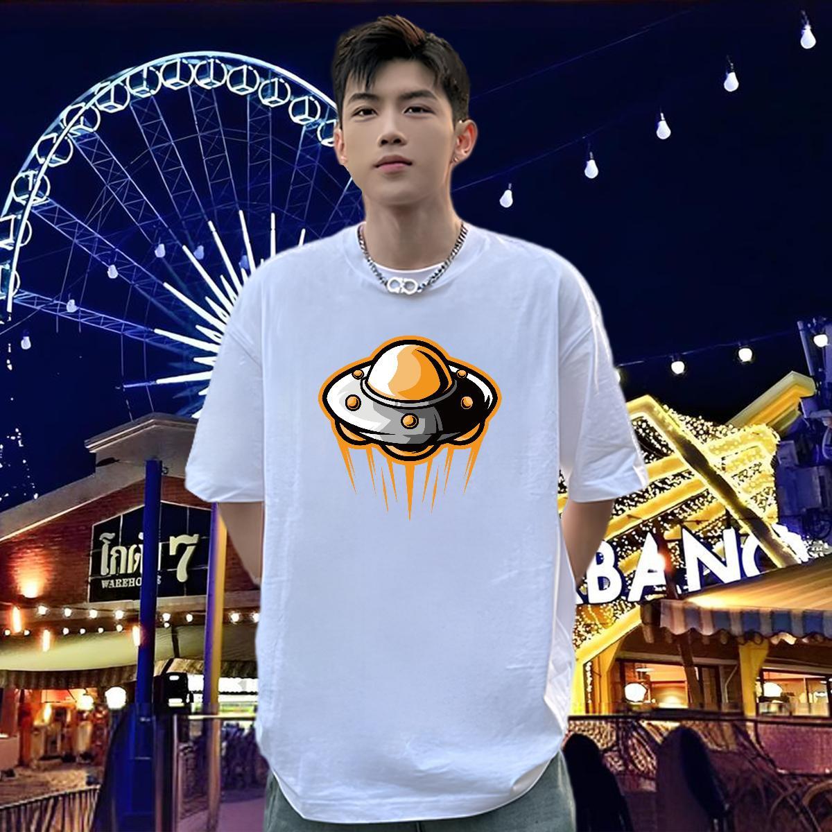 Brand T shirt 230g Pure Cotton UFO Beach Floral Print Breathable Crew Neck Men Tees Classic Casual Tops