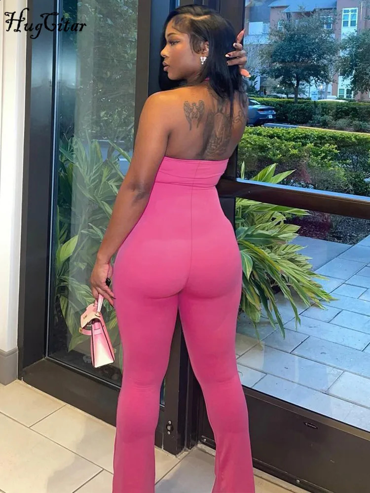 Hugcitar 2024 Spring Halter Solid Sleeveless Backless Sexy Bodycon Flare Pants Jumpsuit Women Casual Rompers Streetwear Festival 240823