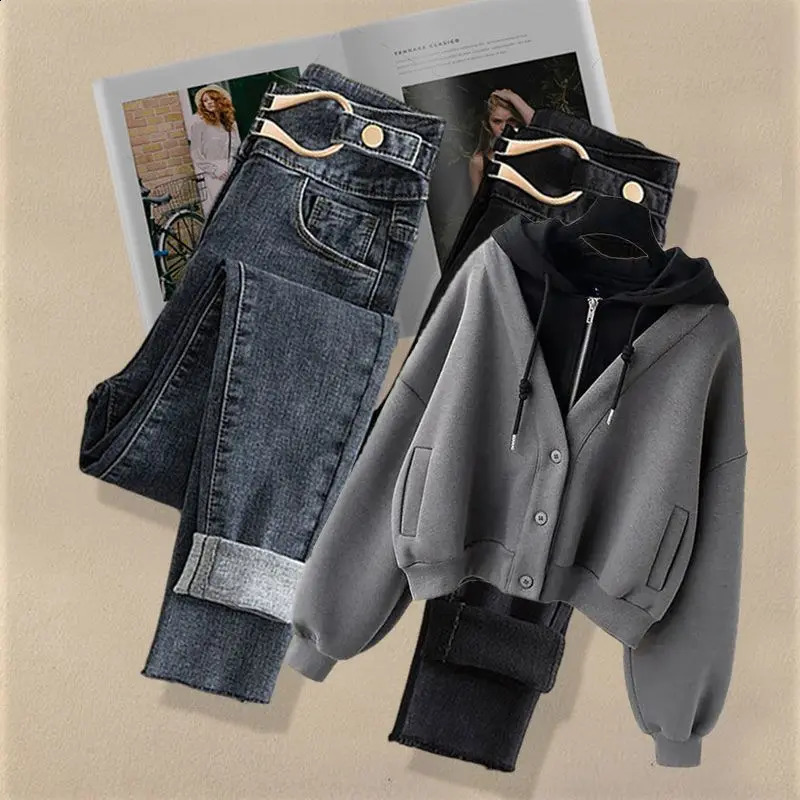 AutumnWinter Set for Women Hepburn Style Two piece Hoodie Loose Sweater Weight Loss Jeans Winter Clothing 240823