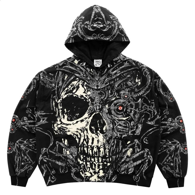 Y2k Womens Clothing Hoodies Sweatshirt Pullover Long Sleeved Tops Vintage Street Oversized Dark Skull Print Pattern Cool 240814