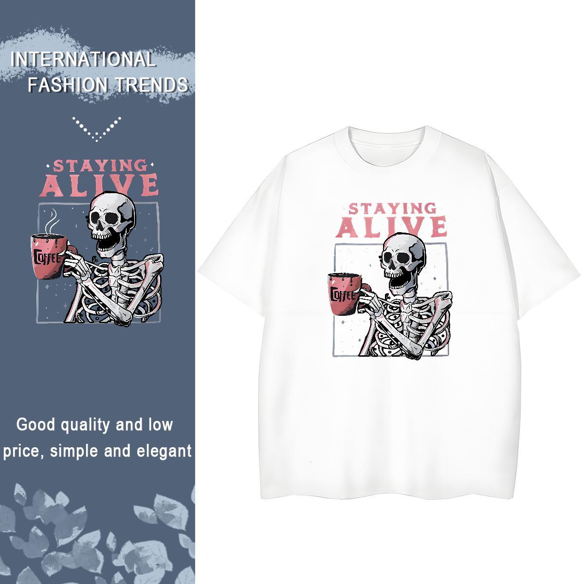 Unisex T shirt 230g Pure Cotton skull Hip Hop Floral Print Breathable Soft Men Tops Tees Classic Casual Clothings