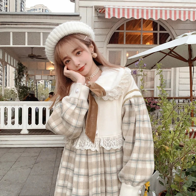 BOBON21 Winter Korean doll collar Long Sleeve Dress hit color patchwork single breasted mid-long tweed Dress C1959 240824