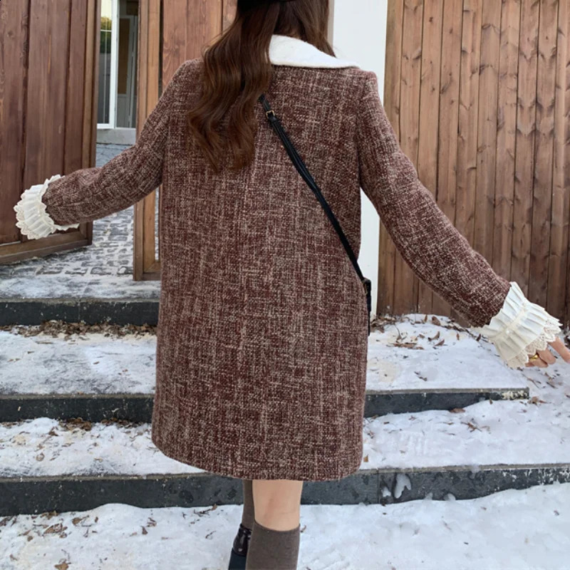Tweed Doll Collar Loose Patchwork Dress Women Small Fragrance Thick Warm Elegant Chic Fashion French Female Long Sleeve Dress 240824