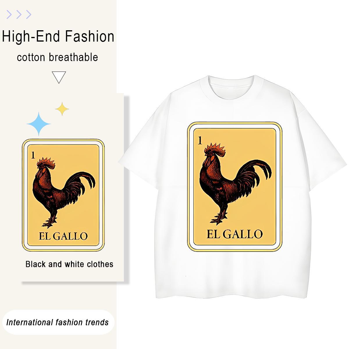 2024 Summer Tshirts chicken Outdoor 230g 100% Cotton Polos Crew Neck Breathable Loose Men T Shirts Floral Print