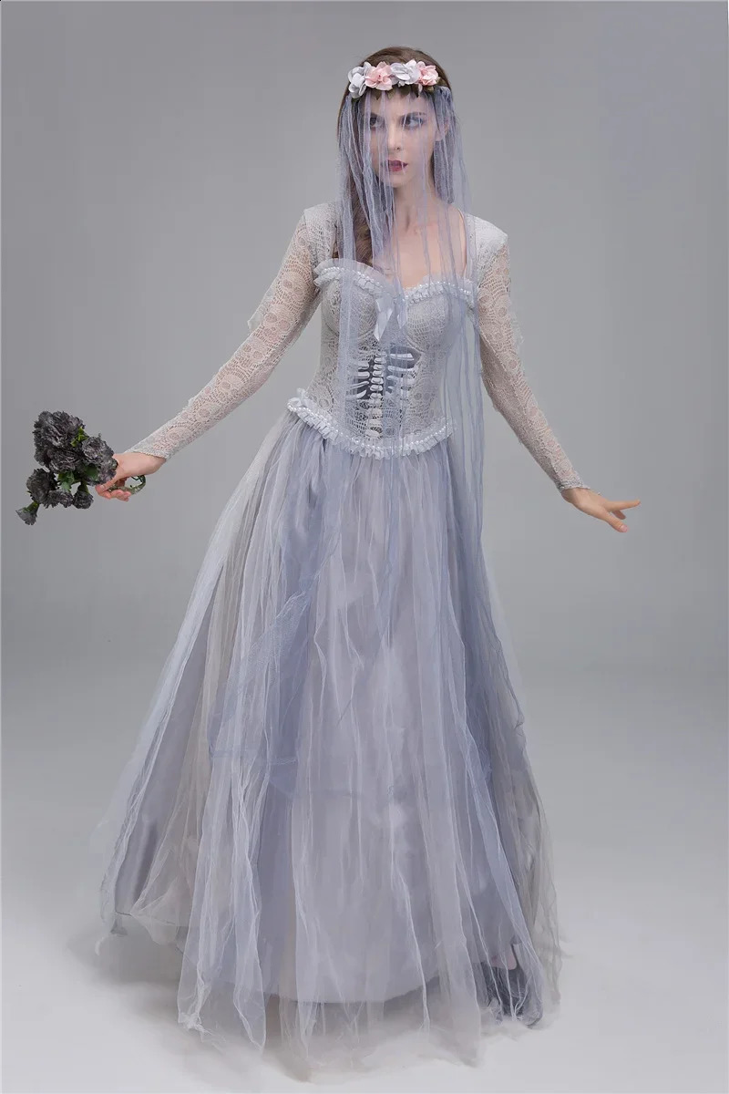 Adult horror zombie ghost bride costume cosplay Halloween fancy party dress with veil suitable for women 240823