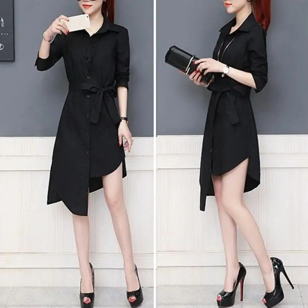 M-4XL Women Shirt Dress Long Sleeve Commute Mild-length Polyester Irregular Tied Belts Spring Office Lady Shirt Female Clothing 240823