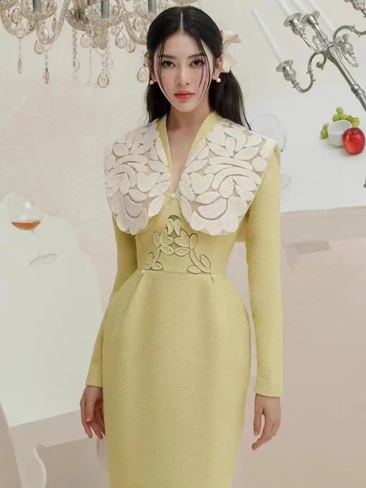 DEAT Womens Patchwork Embroidery Tweed n Dress Models V-neck Long Sleeve Zipper Contrast Color Female 15C450 240824