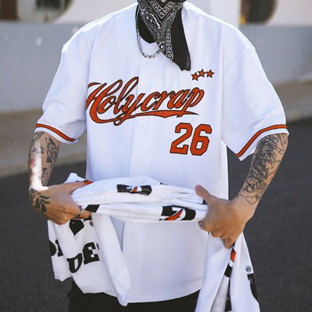 American hiphop baseball short sleeved cardigan loose Tshirt letter Y2K West top mens clothing 240823