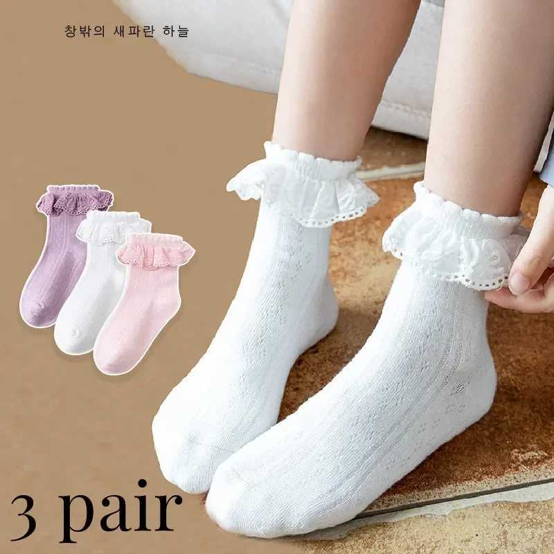 3Pairs/set Kids Girls Ankle Sock Princess Ruffle White Lace Calf Sock for Baby Spring Autumn Cotton Soft Frilly Children Socks CL240824