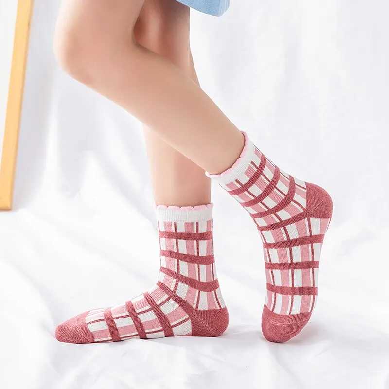 5 Pairs Pink Flower Knit Warm Childrens Socks For Girls Socks Kids Womens Cute Cartoon Medium Stockings CL240824