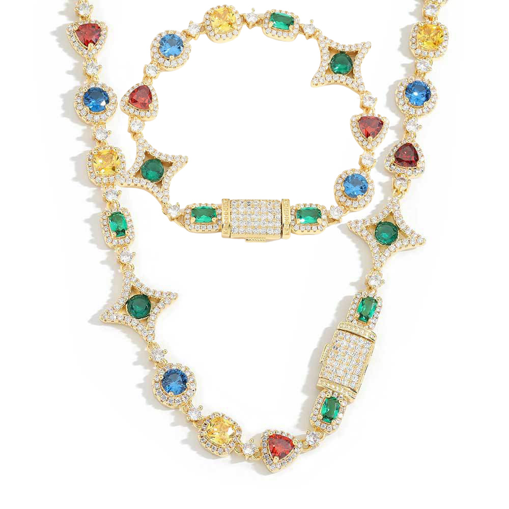 Hip Hop Colored Imitation Gemstone Chain Necklaces Bracelets Women Jewelry Gift