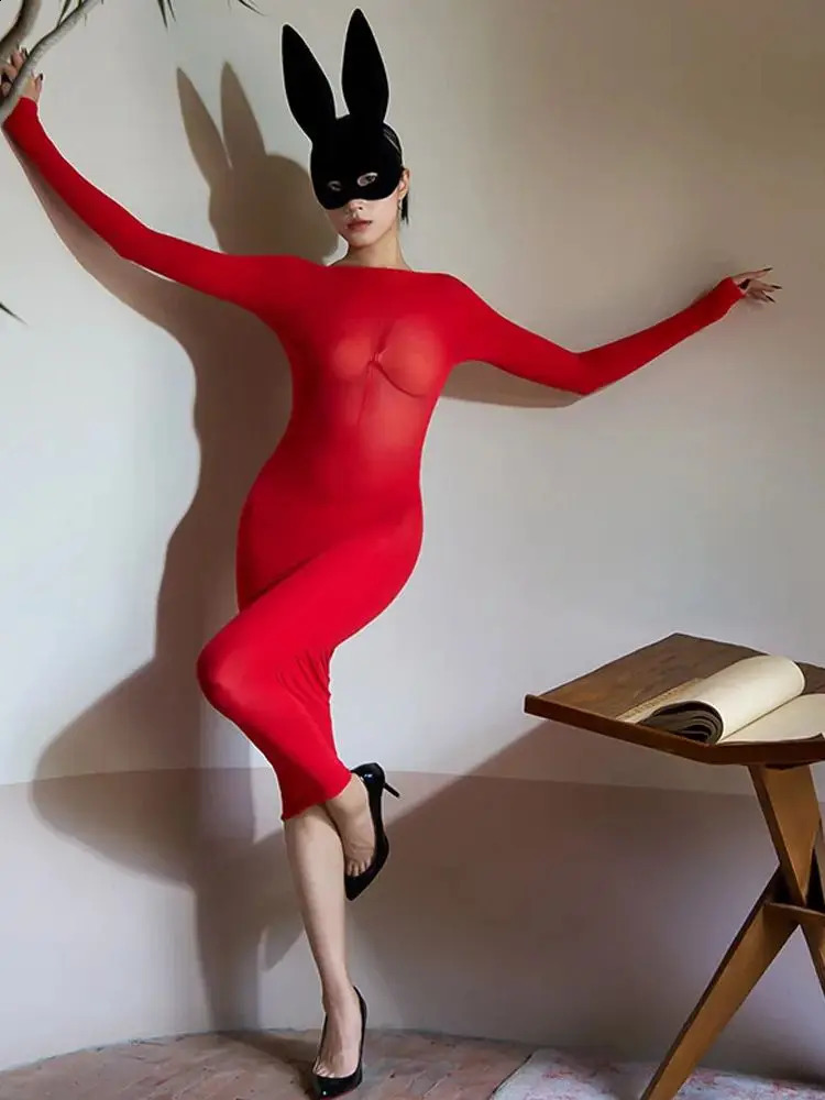 Long Sleeve 120D Matt Nylon Midi Dress Tights Package Hip Dresses Bodystocking Transparent Sexy Vestido Lingerie Clubwear Jupe 240823