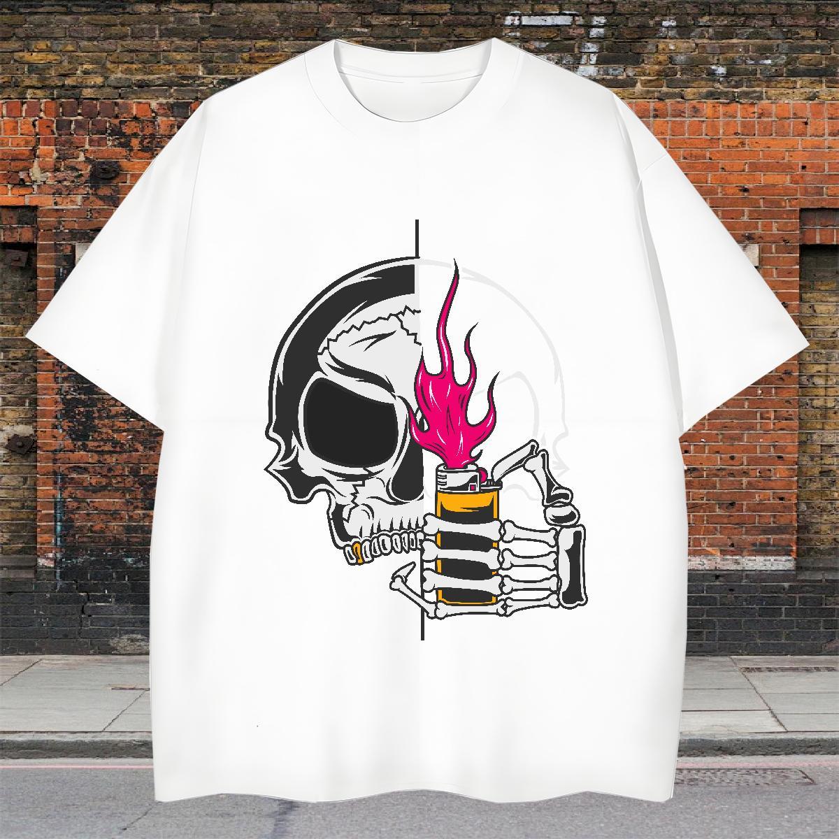 Loose Men T Shirts 100% Cotton 230g skull Street wear Hip Hop Black White Breathable Short Sleeve Couples T Shirts 2024 New Clothings