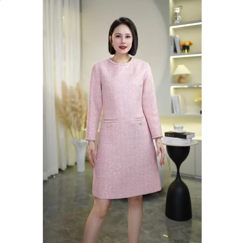 Autumn Winter Elegant Sequins Tweed Dress For Women Long Sleeve High Waist Celebrity Slim Mini Party Vestidos 150P 240824