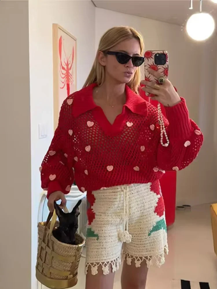 Hearts Red Print Hollow Out Knit Sweater Women Chic Lapel Lantern Sleeves Pullover Autumn Female High Street Thin Knitwear 240824