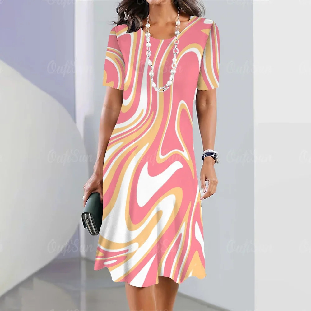 Summer Woman Dresses Womens Round Neck Short Sleeves Clothing Irregularly Streak Print Dress Clothing Loose Pullover Streetwear 240824