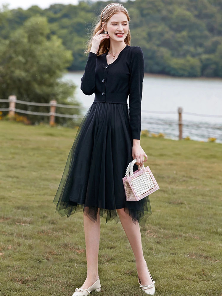 I BELIEVE YOU Knitted Dresses Autumn Winter Korean Vneck Long Sleeves Patchwork Mesh Dress Slim Midi Female Vestios 2214134094 240824