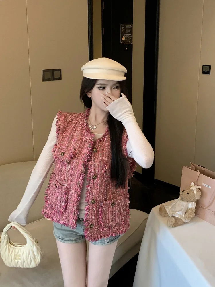 Autumn Tweed Vest Tassel Woven Sleeveless Fragrant Women Waistcoat 240823
