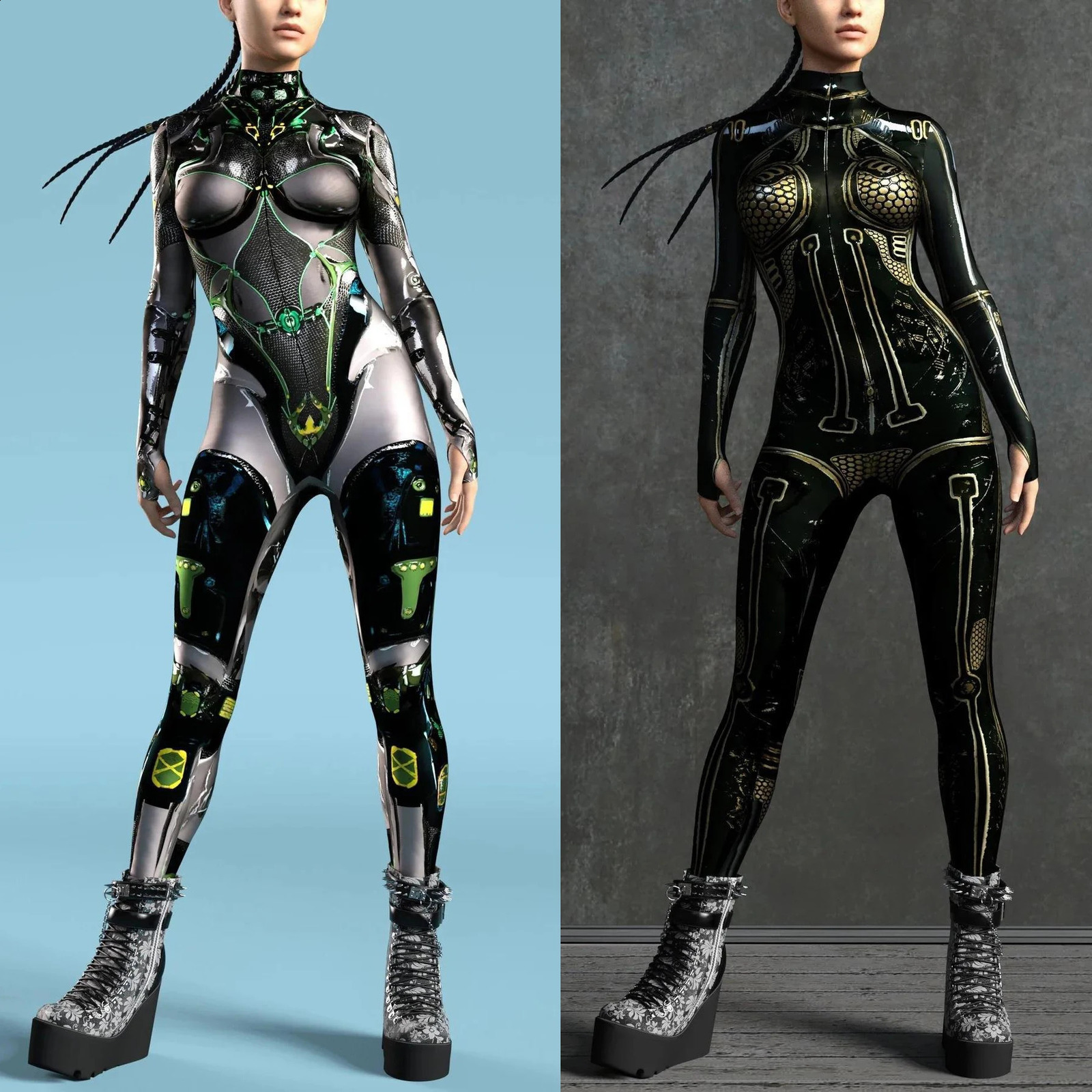 Mechanical cyberpunk tight fitting womens zipper jumpsuit Zentai 3D Halloween game party costume female roleplaying set 240823