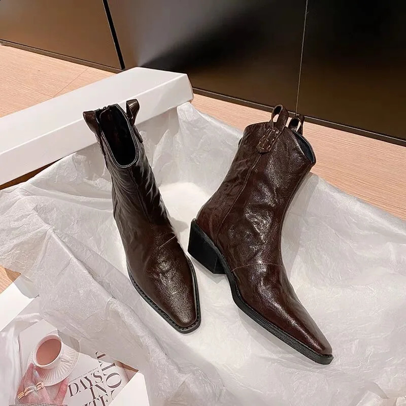 Retro Brown Western Womens Cowboy Boots with Mid Heel PU Leather Ankle Boots for Women 2024 Autumn Winter Knight Nude Boots 240823