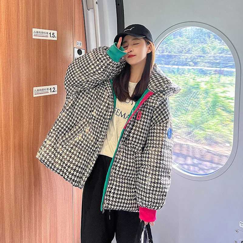 Womens Down Parkas Womens winter checkered jacket thick cotton pad Parka fashionable hooded oversized loose Fr washed Parkas womens inflatable jacke Y