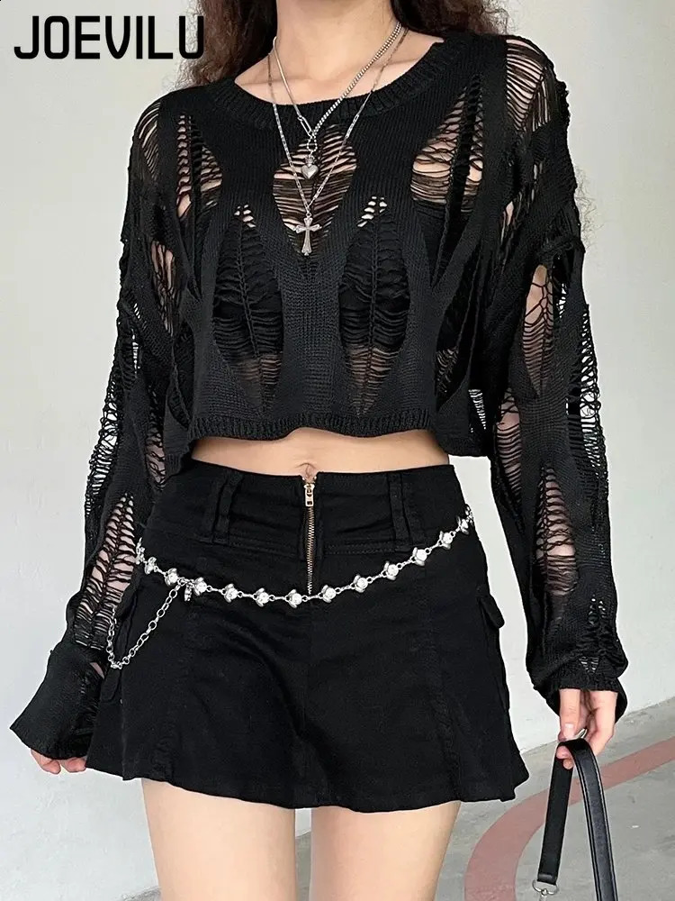 Perforated Hollow Out Knitted Blouse Sunscreen Long Sleeve Top Gothic Dark Black Sexy Thin Sweater Womens Summer Chic Crop Tops 240823