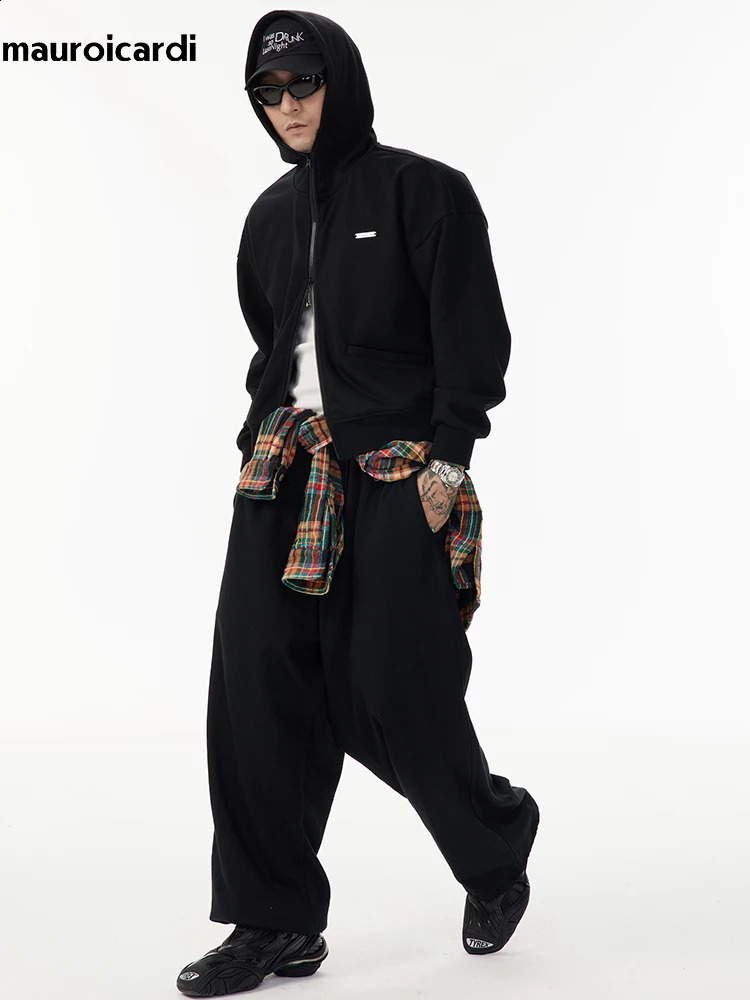 Mauroicardi Spring Autumn Extra Large Long Bag Soft Wide Leg Sports Pants Mens ner Clothing Black Street Fashion 240823