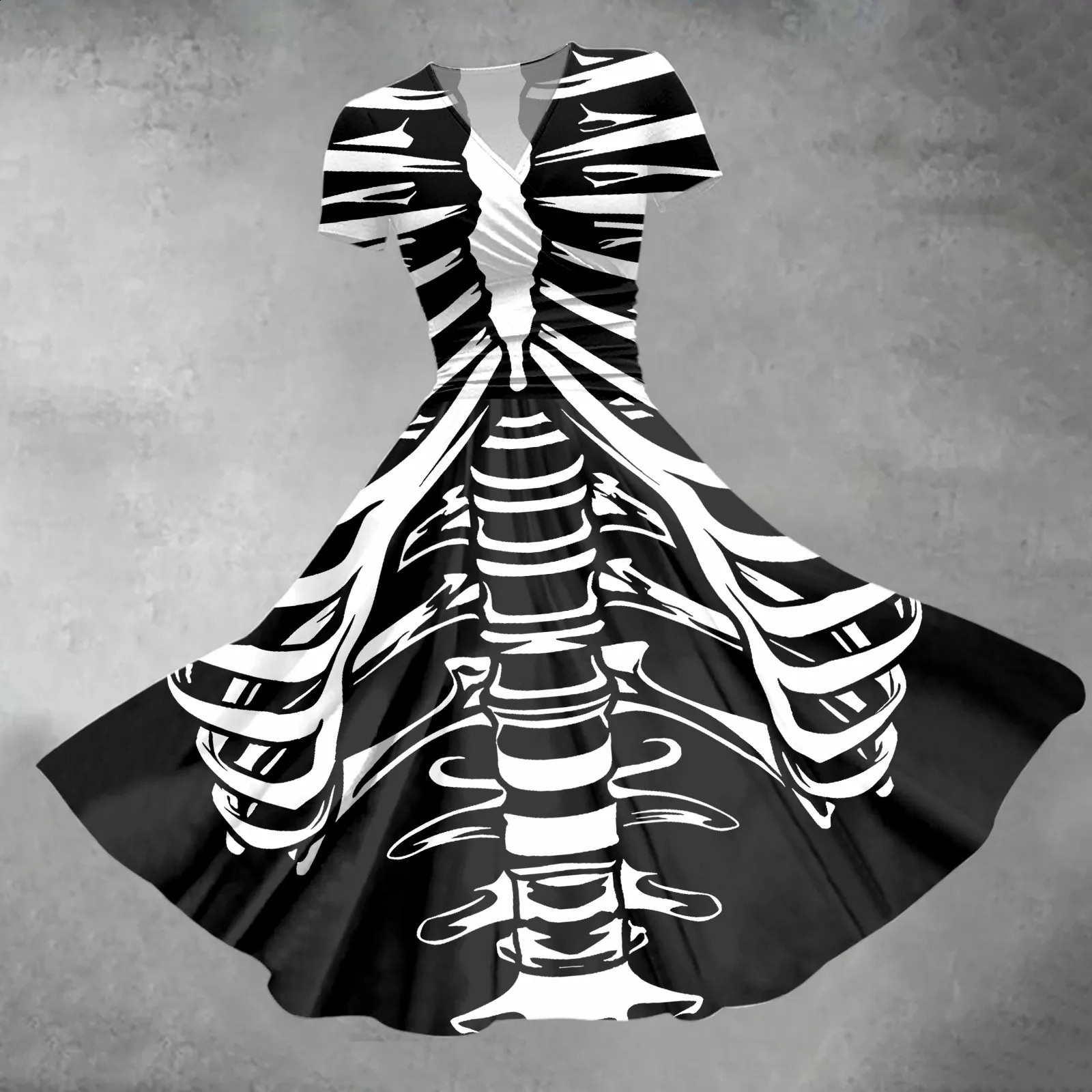Womens Halloween dress with horror theme skull print Vneck unique short sleeved long skirt and large swing Aline costume w240824