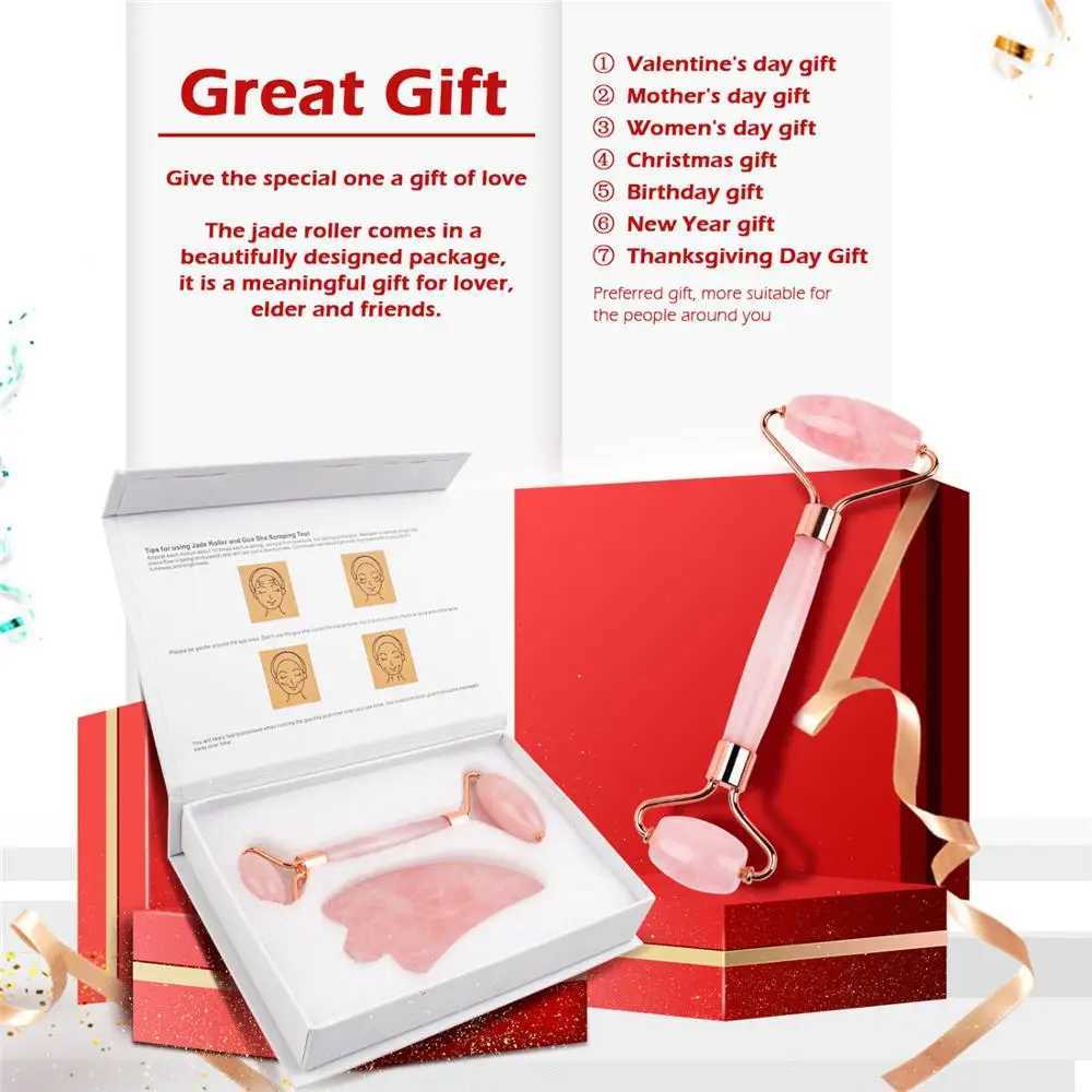 Natural Rose Quartz Jade Roller Gua Sha Set Facial Body Massager Roller Jade Stone Massage Set Face Lifting Beauty Massage Tools CL240824