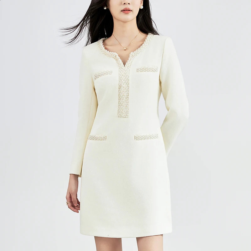 Elegant Fashion Dresses For Women Autumn Winter Womens Clothing Beading V-neck Long Sleeve Office Lady Wool Tweed Dress 240824