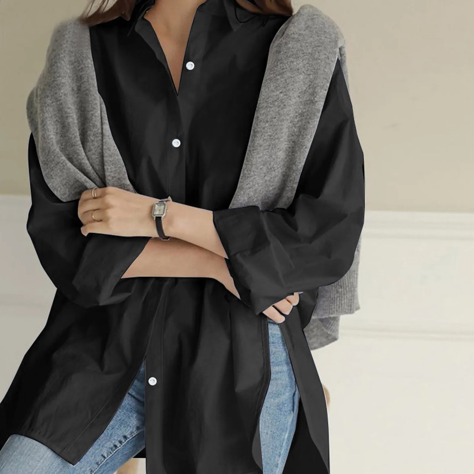 Spring Autumn Women Shirts Solid Casual Blouses Female Tops Loose BF Korean Style Blusas Long Sleeve Turn-Down Collar Shirt 240823