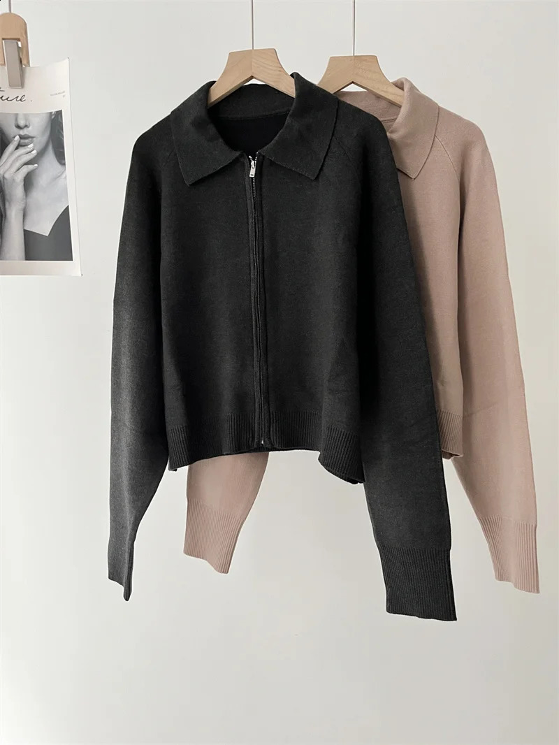 Womens Casual Long Sleeve Zipper Cardigan Coat Early Autumn Turn-Down Collar Short Knitted Jacket Knitwear for Ladies 240824