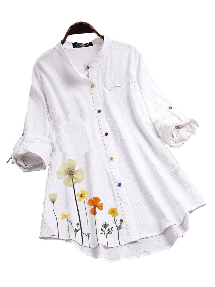 Womens Button Down Round Neck Shirt Classic Long Sleeved Fashion Shirt Floral Pattern Office Work Shirt Blouse 240823
