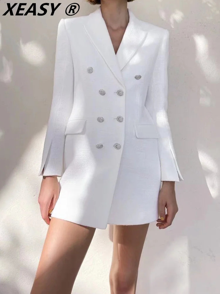 XEASY Elegant Dresses For Women White Dress Mini Womens Clothing Vintage Suit Dress Long Sleeve Tweed 240824