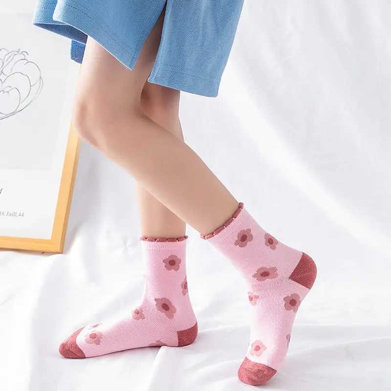 5 Pairs Pink Flower Knit Warm Childrens Socks For Girls Socks Kids Womens Cute Cartoon Medium Stockings CL240824